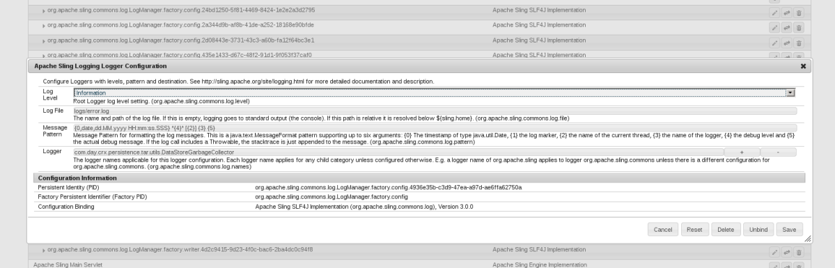 Screenshot of updating Adobe CQ5 Logging Config